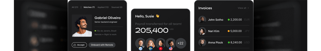 Remote.com global hiring, payroll and contractor management platform screenshots.