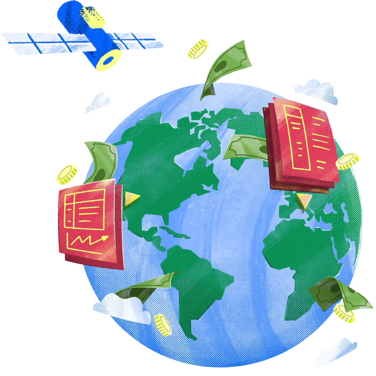 108-Worldwide-Globe-Money_paper-Documents-Payroll-Clouds-Satellite-Coins-Earth