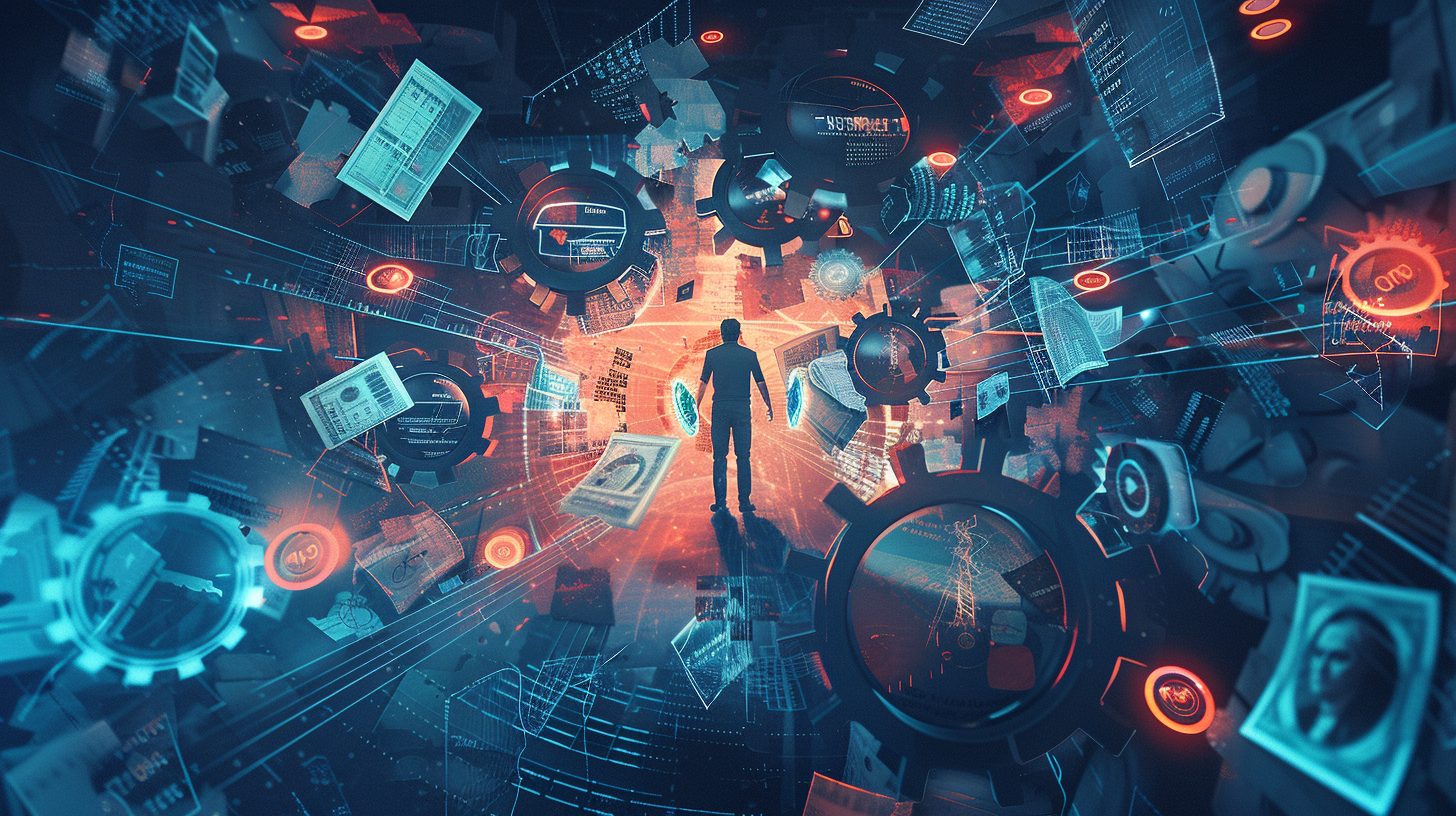 Dramatic illustration of a businessperson surrounded by chaotic floating elements like gears, clocks, tax forms, and currency symbols, symbolizing the complexity of running payroll.