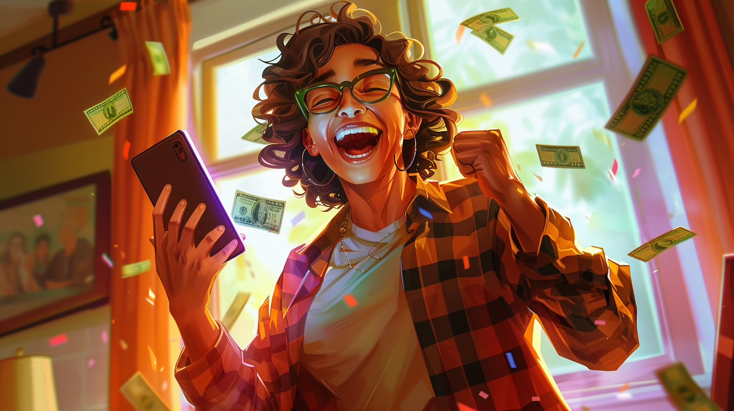 A digital illustration of a woman on her phone on pay day. She is celebrating because she has received payment.