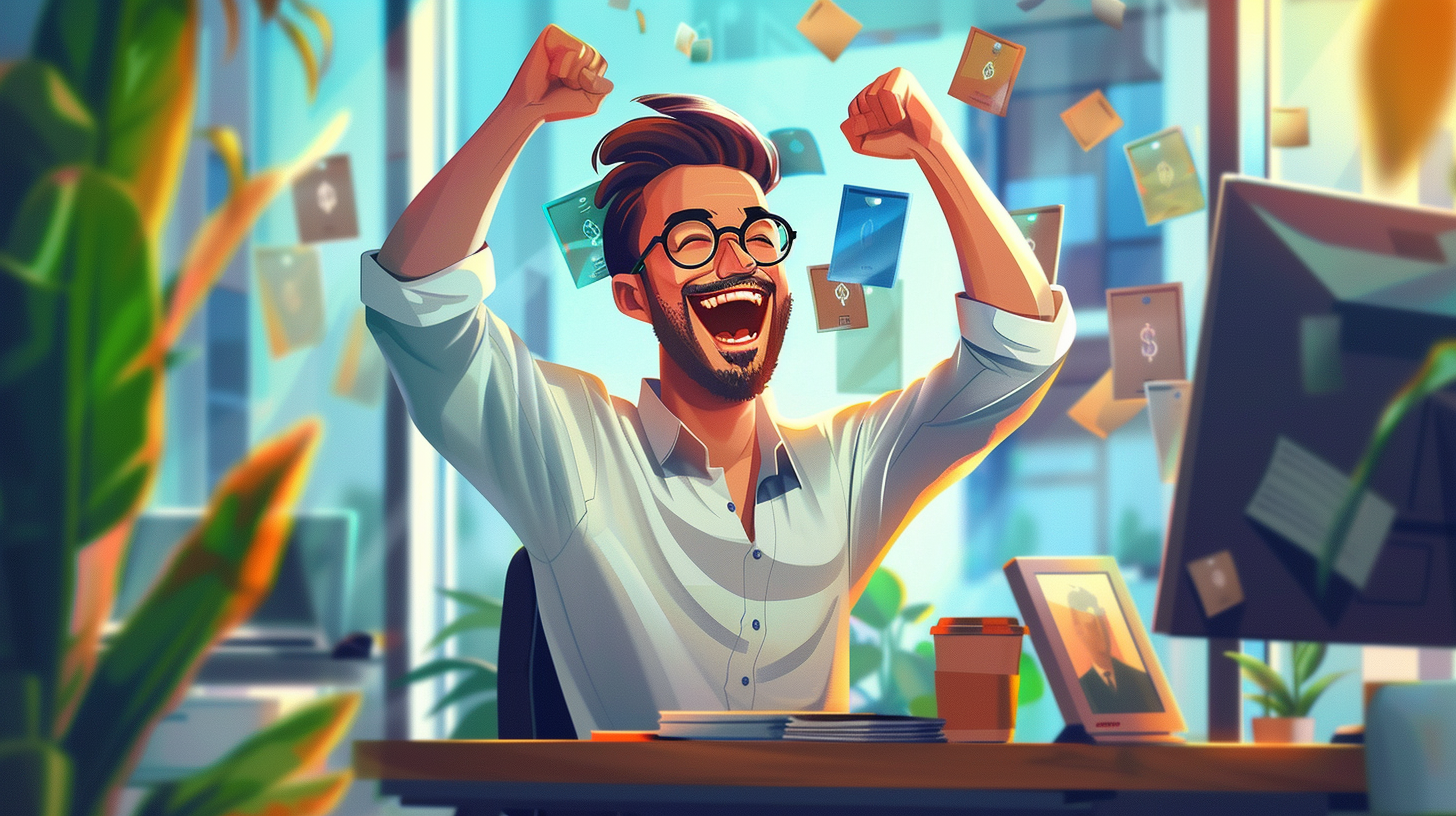 Digital illustration of a happy male employee at his desk after receiving a cash bonus.