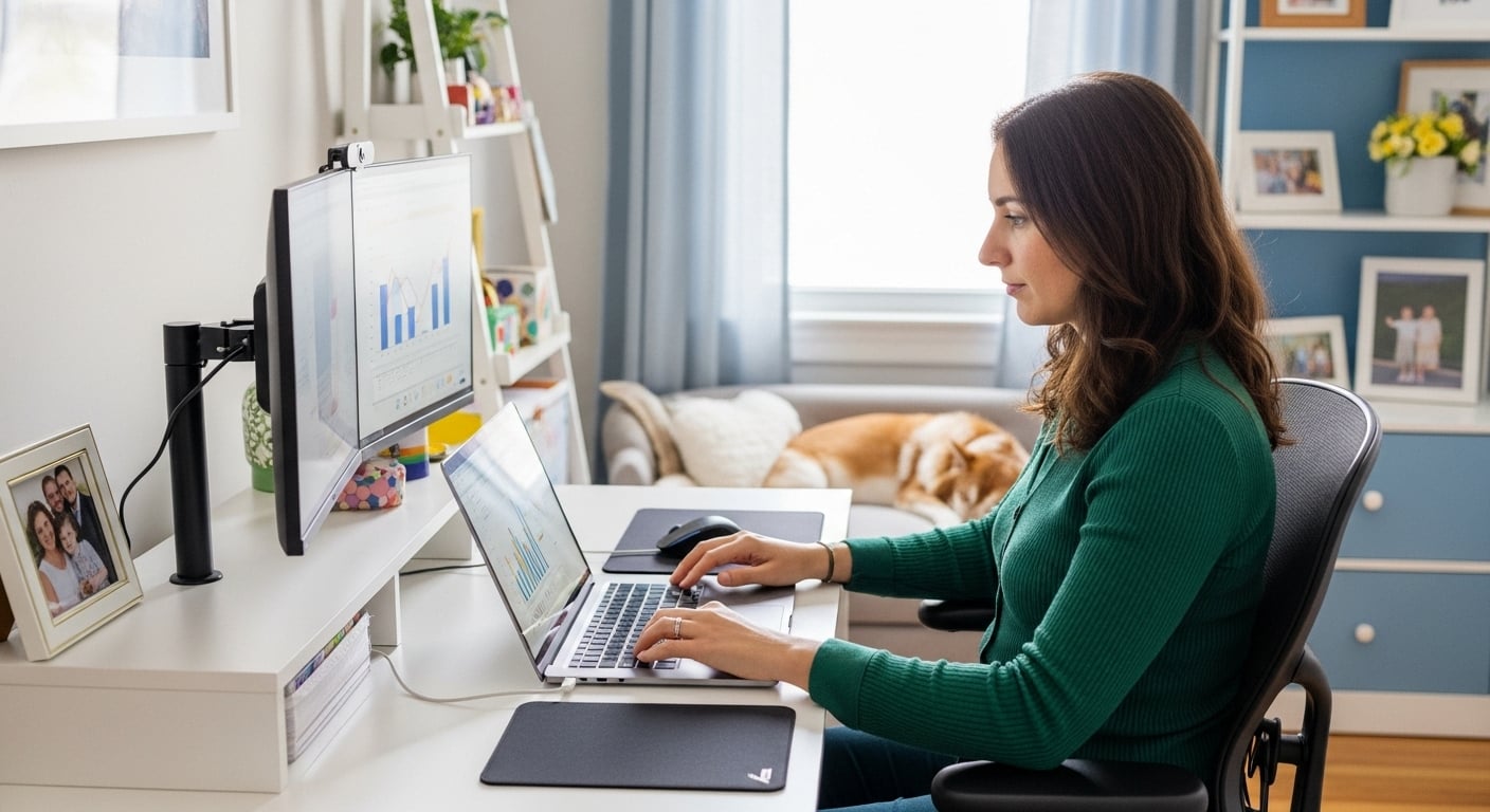 a woman works on her laptop in her home office